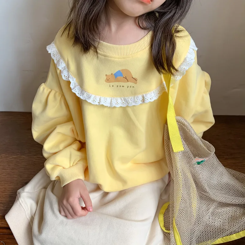 

Korean Children's Clothing Girls Sweater Autumn 2021 Lace Stitching Long-sleeved Baby Girl Cute Bear and Sweet Pullover Top