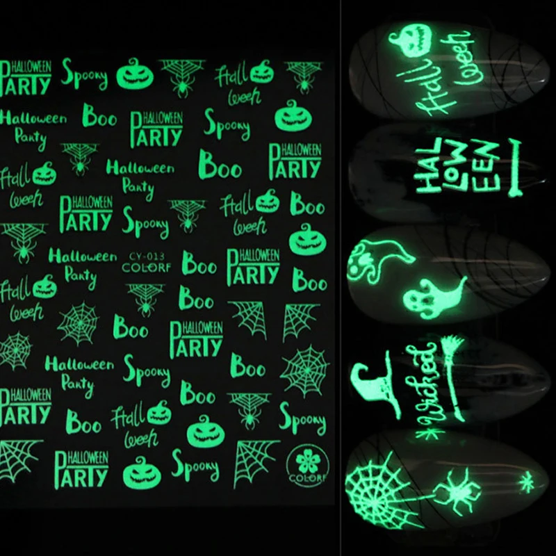 Halloween Luminous 3D Nail Sticker Decals Skull/Pumpkin /Ghost Glow Horror Patterns Art Stickers Decorations | Красота и здоровье