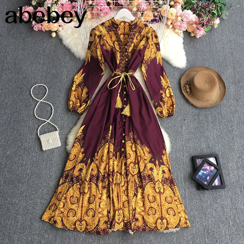 

2021 New Spring Autumn Elegant V-Neck long sleeve Dress single breasted high waist bandage print mid-long A-line Dress