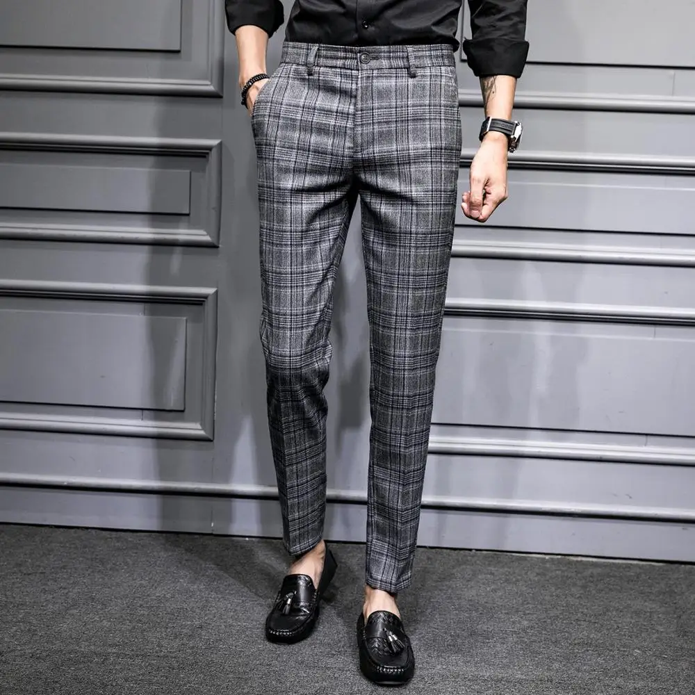 Британский стиль хаки серый решетки мужские брюки костюм Бизнес повседневные