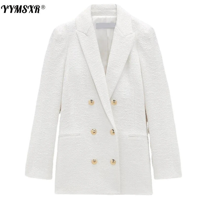 

YYMSXR Za 2021 Spring Autumn Women Fashion White Tweed Blazers And Jackets Chic Button Office Suit Coat Ladies Elegant Outwear