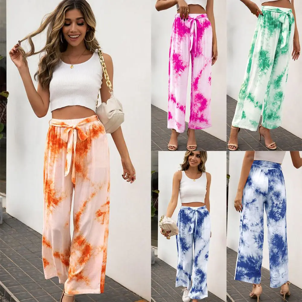 

2022 Women Summer Chiffon Wide Leg Pants Tie-Dye Beach Party Trousers Belted Cool Loose Sarouel
