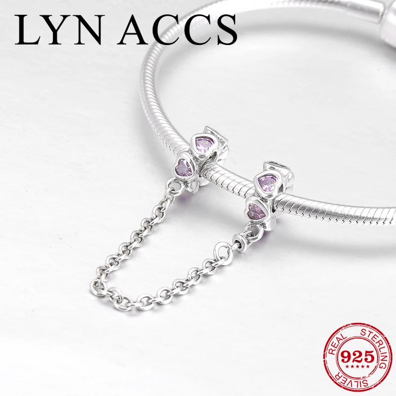 100% Настоящее серебро 925 пробы блестящий фиолетовый CZ сердце безопасная цепочка