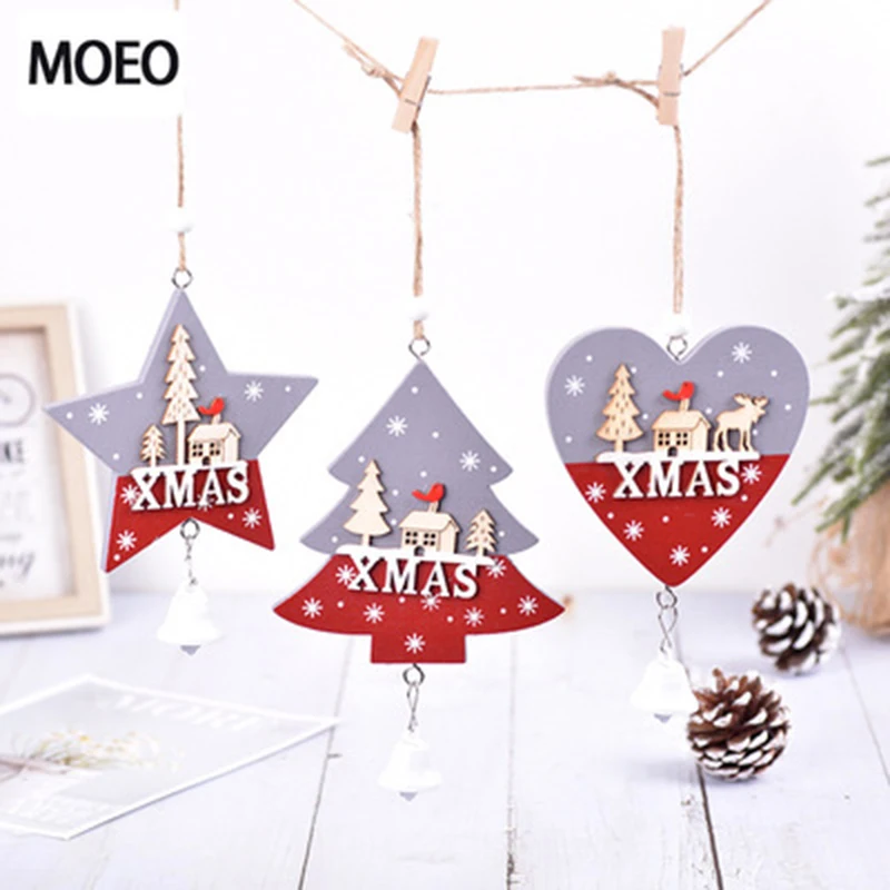 

Christmas Tree Ornaments Hanging Star Heart Wooden Pendants With Small Bell Xmas Tree Home Party Decorations Navidad Kids Gifts