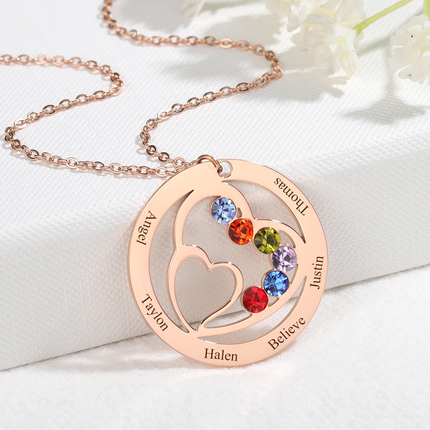 

Custom Engraved Name Pendant For Family Personalized Birthstone Name Necklace Round Stainless steel Jewelry Heart Collares Gifts