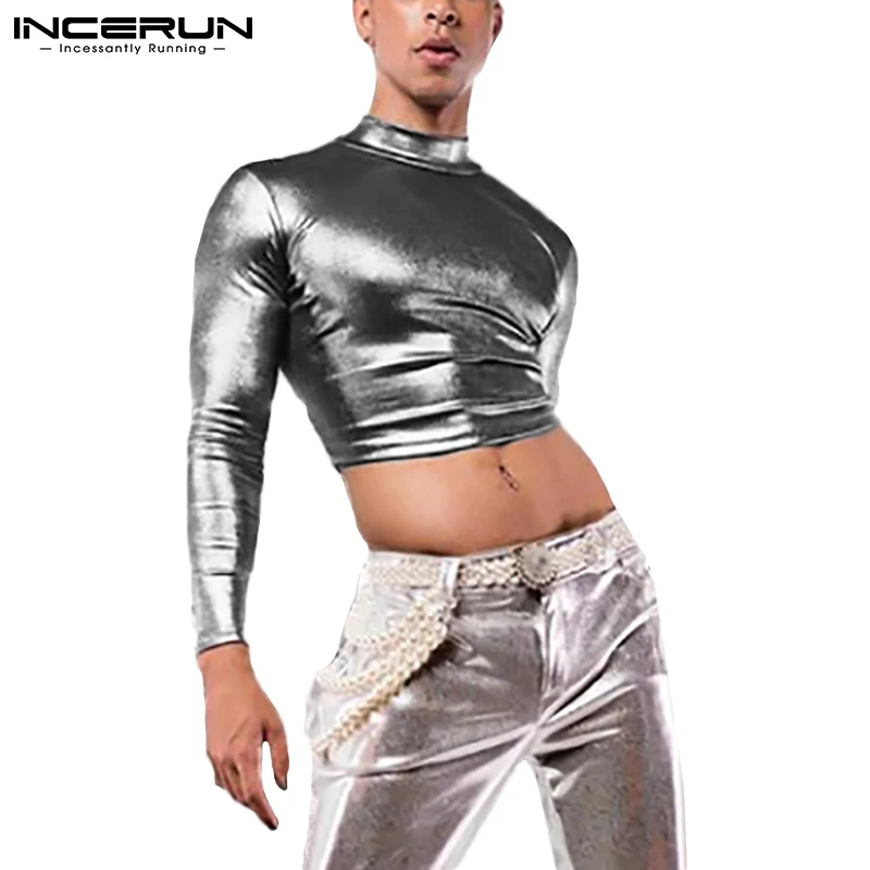 

Мужские короткие топы с круглым вырезом, блестящие облегающие сексуальные футболки с длинными рукавами 2022, уличная одежда, модная одежда дл...