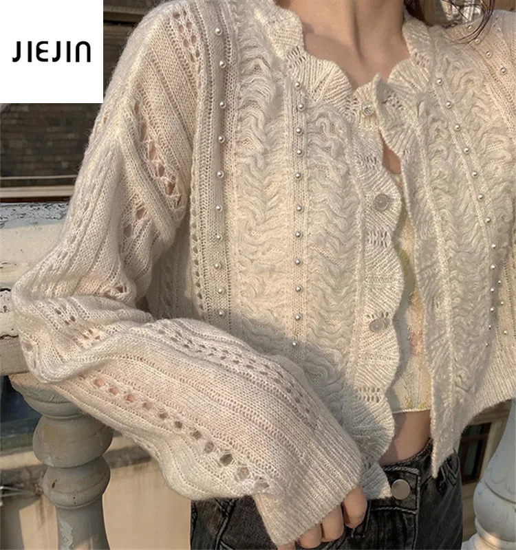 

Button Hollow Beige Sweaters Woman Spring Summer 2021Knitted Cardigan Elegant Vintage Crop Top New Korea Women Thin Cardigan