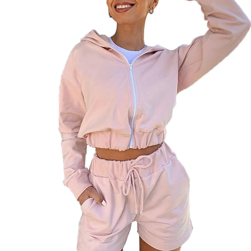 

Women Long Sleeve Two PieceTracksuit Set Hooded Cardigan Coat +Shorts Hoodie Suit Women Clothing Suits Female