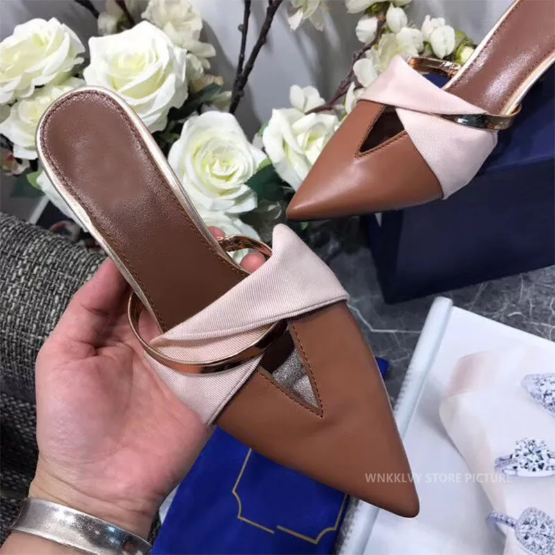 

Summer dress shoes high heels satin bowknot decor metal runway sandals 2020 crossover Pointed toe patchwork real leather pumps