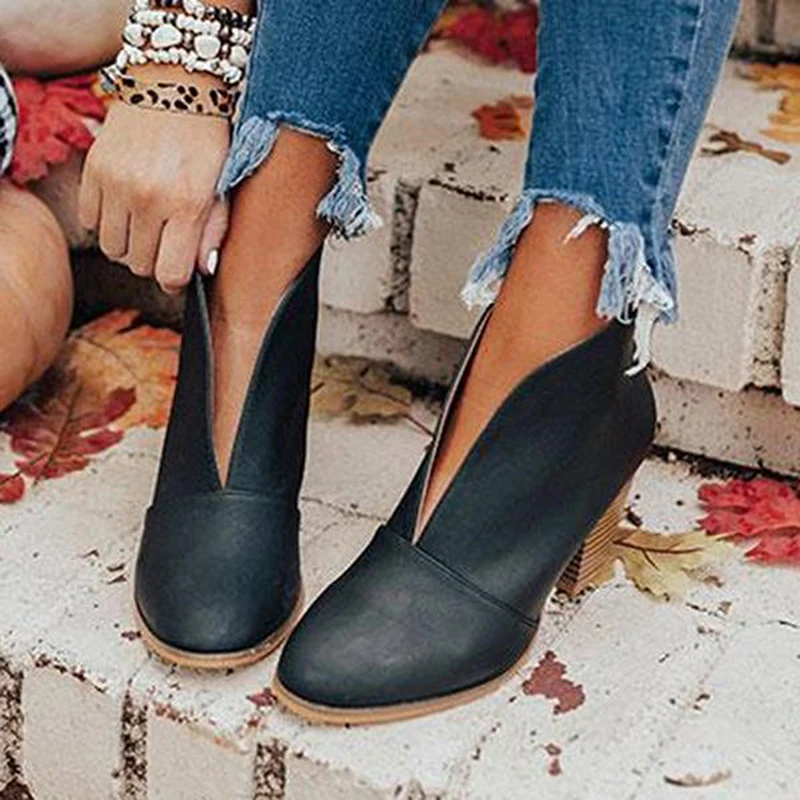 

2022 New Winter Women Boots V Cutout Ankle Boots Stacked Heel Booties Fahsion Chelsea Boots PU Botas Zapatos Mujer SIze 35-43