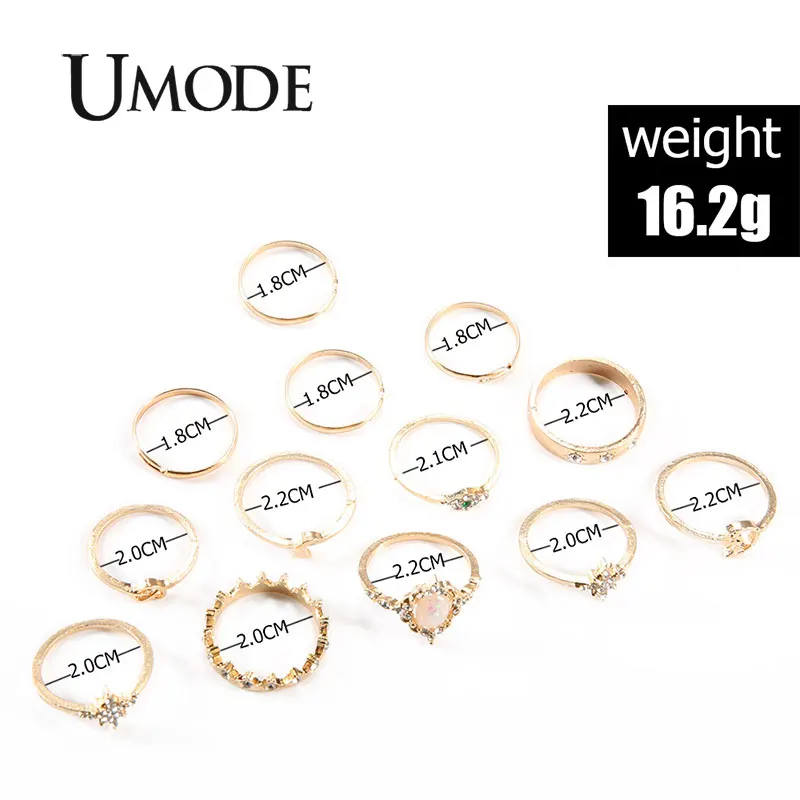 UMODE, 12 шт., Золотая Корона, кольца для женщин и девочек, кольца с Луной, набор, кольца на палец в форме сердца, опал, женская мода, ювелирные изделия, подарки, PR0225