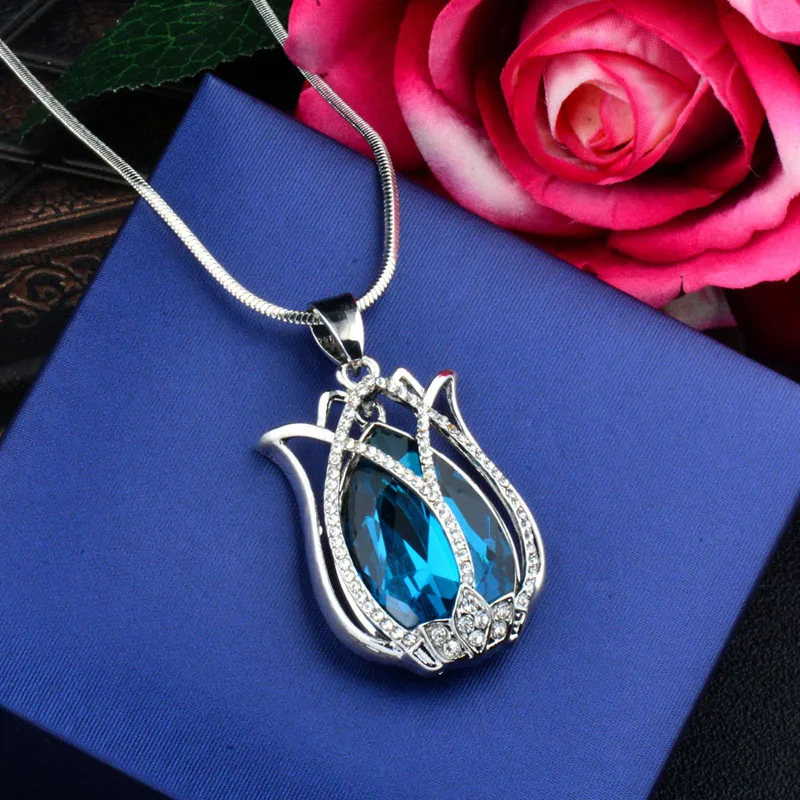 Просвет Шарм синего стекла тюльпан цветок кулон ожерелье серебро Цвет Длинная