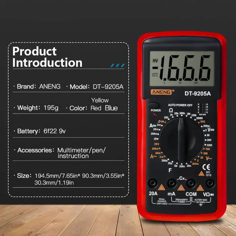 Цифровой мультиметр DT9205A hFE AC DC Электрический тестер сопротивления триодов и