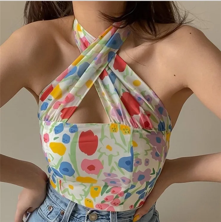 

Summer Floral Print Halter Neck Crop Top Women Casual Off Shoulder Backless Mesh Beach Sleeveless Tank Tops Sexy T-Shirt Female