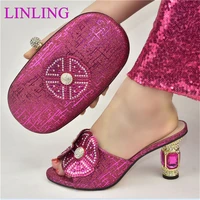 italian 2021 summer design newest fuchsia color nigerian ladies shoes and bag set with flower style colorful crystal decoration