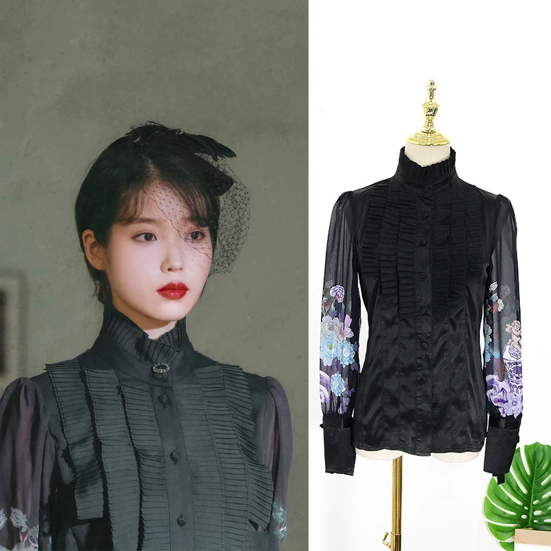 

Korean drama DeLuna Hotel IU Li Zhien same autumn new stand collar pleated print Bow Black Shirt female