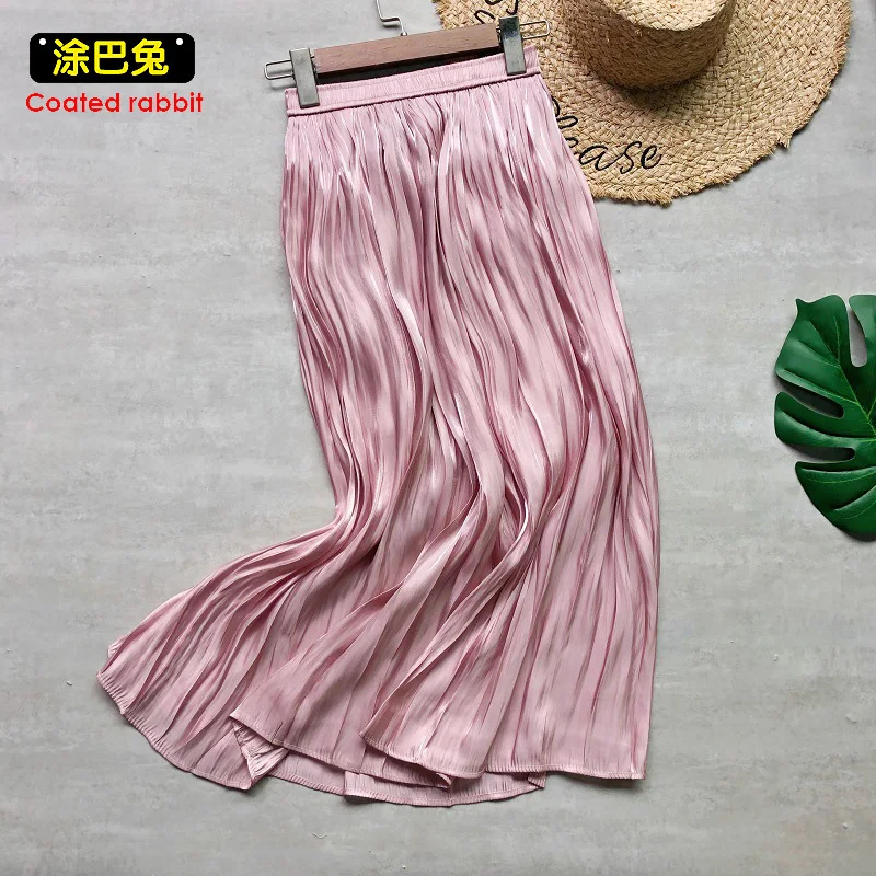 Женская атласная юбка с завышенной талией розовая или Зеленая Шелковая длинная