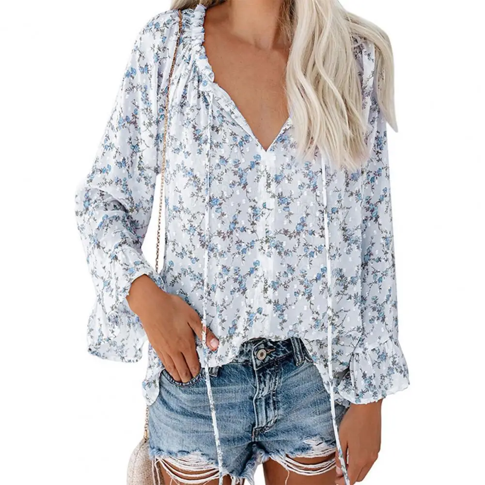 

New Stylish Floral Print Chiffon Shirt Flare Long Sleeve Women Blouse Quick Drying V Neck Lace Up Pullover Top Streetwear