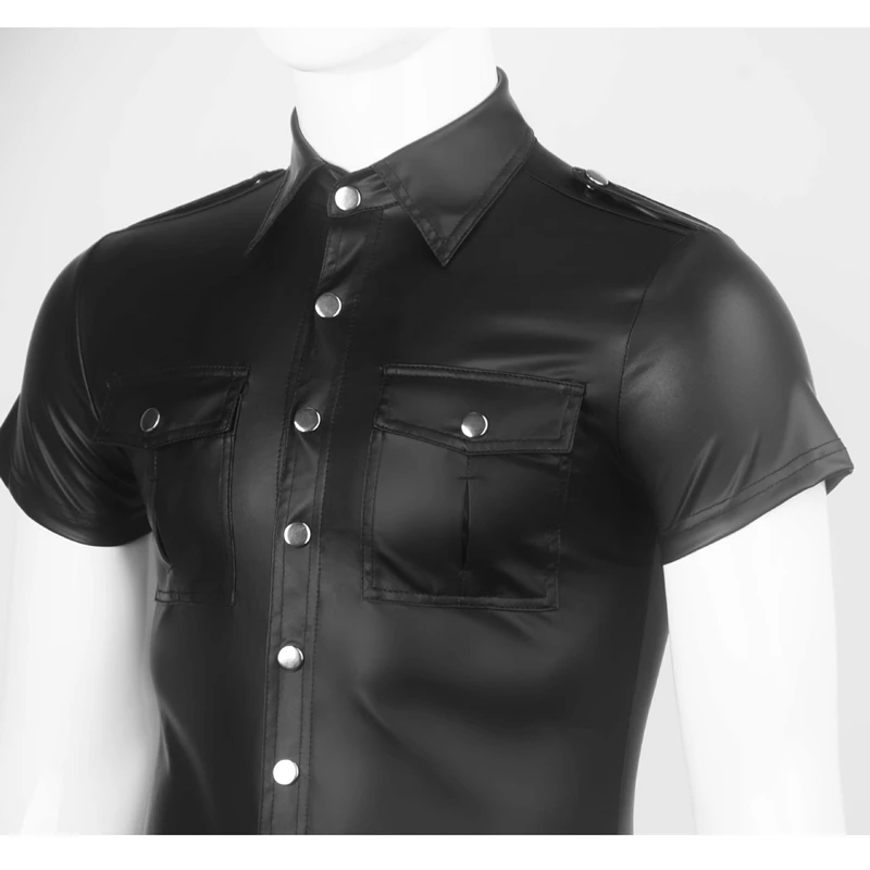

Men Sexy wetlook T-Shirts Soft Faux Leather catsuit Gay Uniform Latex Shirt Tops Clubwear fetish Punk lingerie bodysuit Shirts