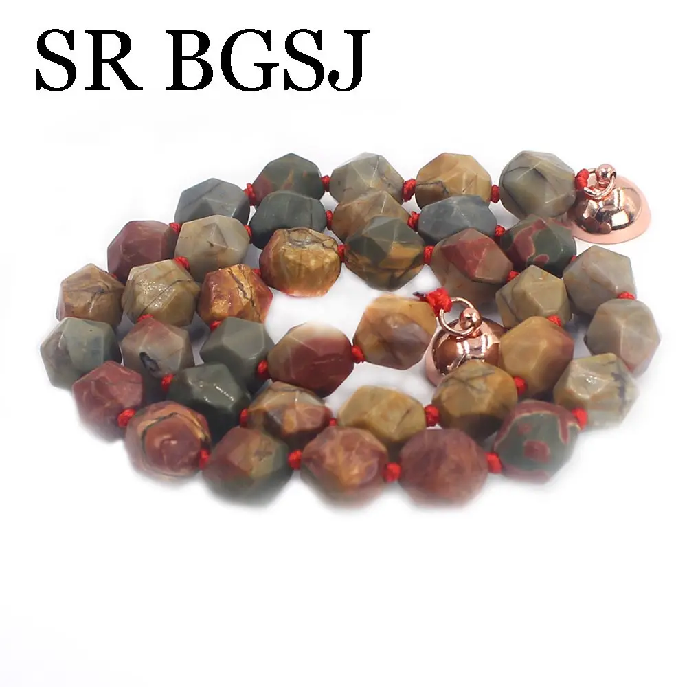 

Free Ship10mm Round Polygonal Picasso Jaspers Gems Natural Stone Knot Magnetic Clasp Lady Jewelry Necklace 18inch