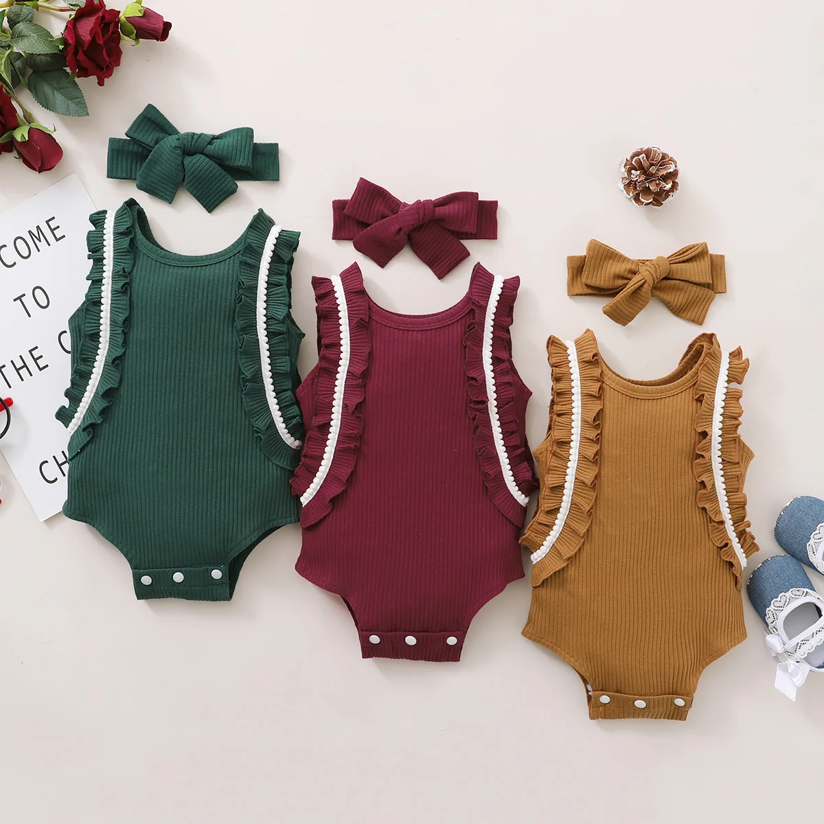 

2021 INS new children's clothing 0-2 years old infants and toddlers girls pit striped cotton edge tights 2-piece set