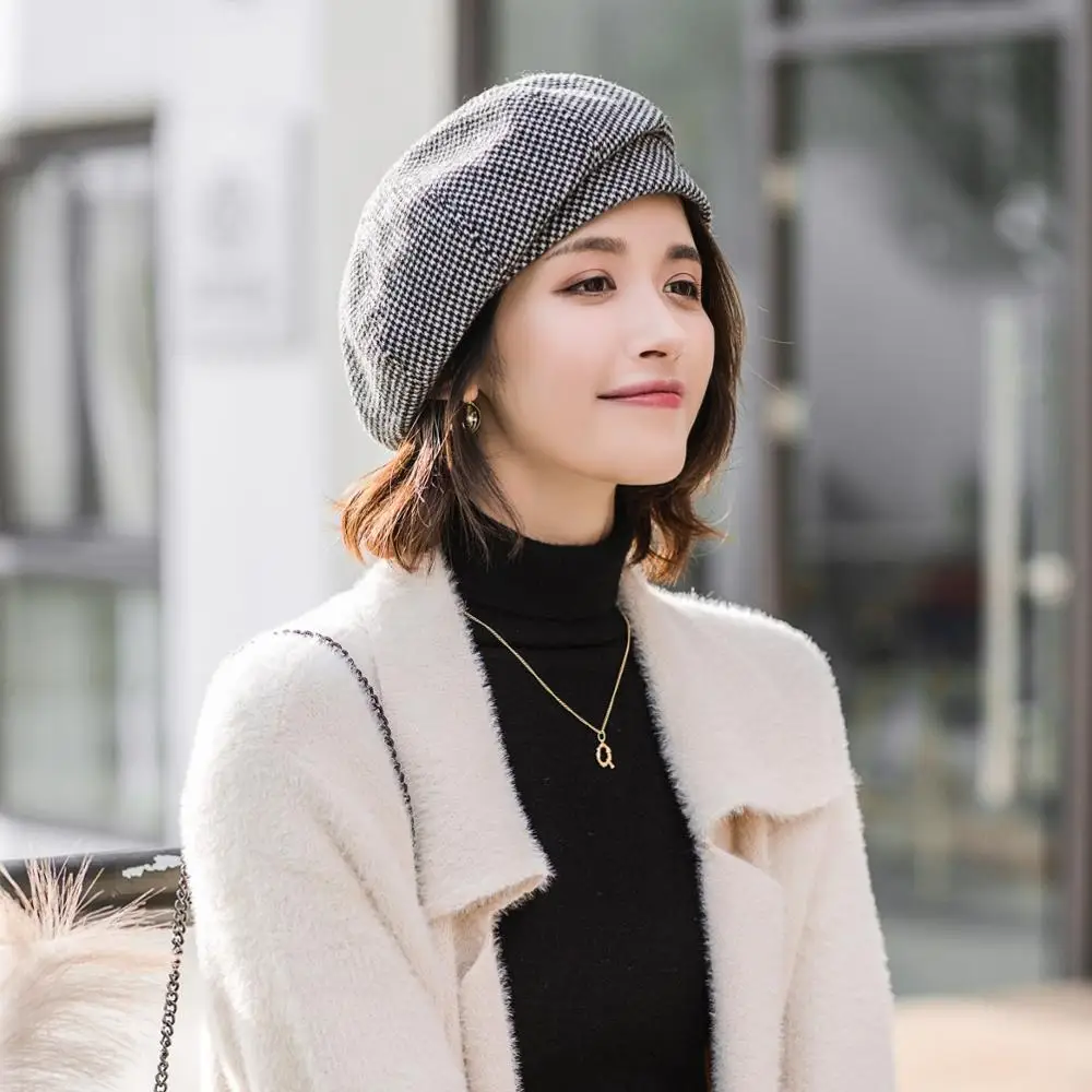 

New Autumn winter elegance female woolen plaid retro British style ease matching fashion warm outing Pumpkin painter beret hat