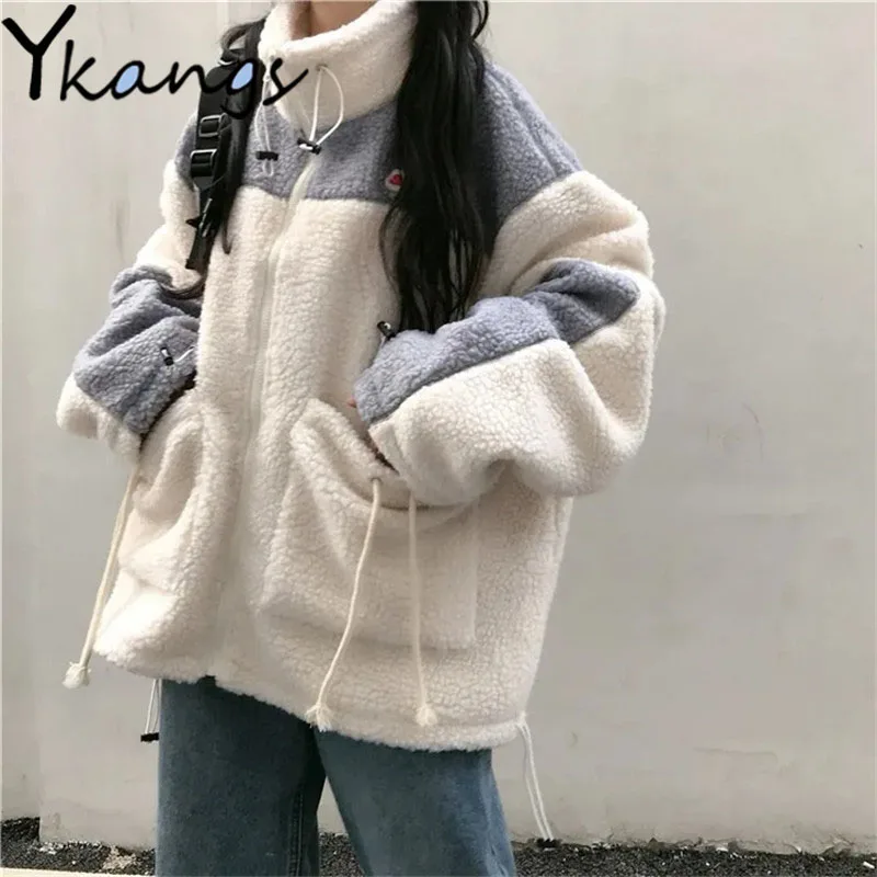 

Худи женское зимнее в стиле Харадзюку, утепленная толстовка в стиле панк, свободного покроя, с большими карманами, из овечьей шерсти, Корейс...