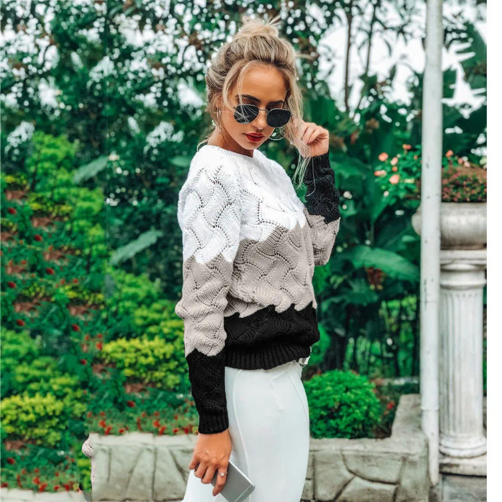 Женский свитер Модный повседневный облегающий вязаный в полоску с длинным