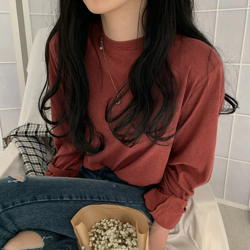 

Autumn Women's Cotton Top Korean Chic New Fashion Solid Color Round Neck Long-Sleeved Bottoming Shirt