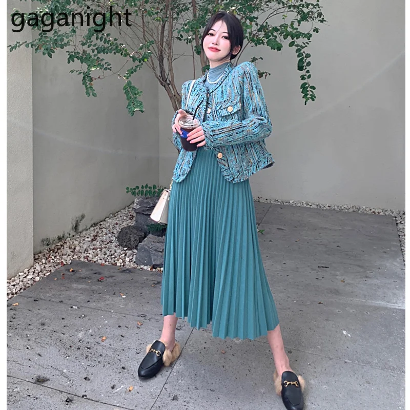 

Gaganight Women Jacket Female 2021 Spring Autumn New French Retro Gentle Short Tweed Long-sleeved Casual Top A-line Long Skirt