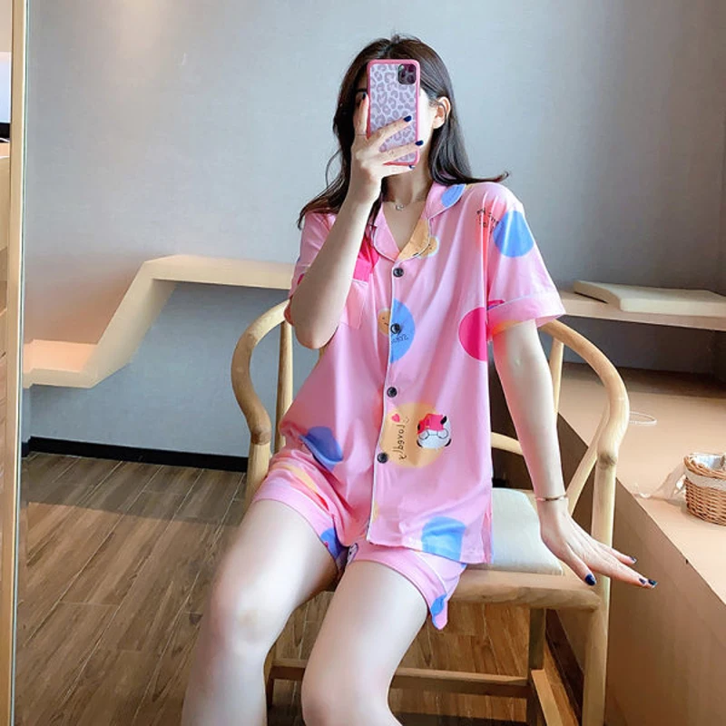 

New Summer Milk Silk Women Pajamas Set Fancy Print Leisure Casual Pyjamas Soft Homewear Sexy Lapel Shirts+Shorts Party Sleepwear