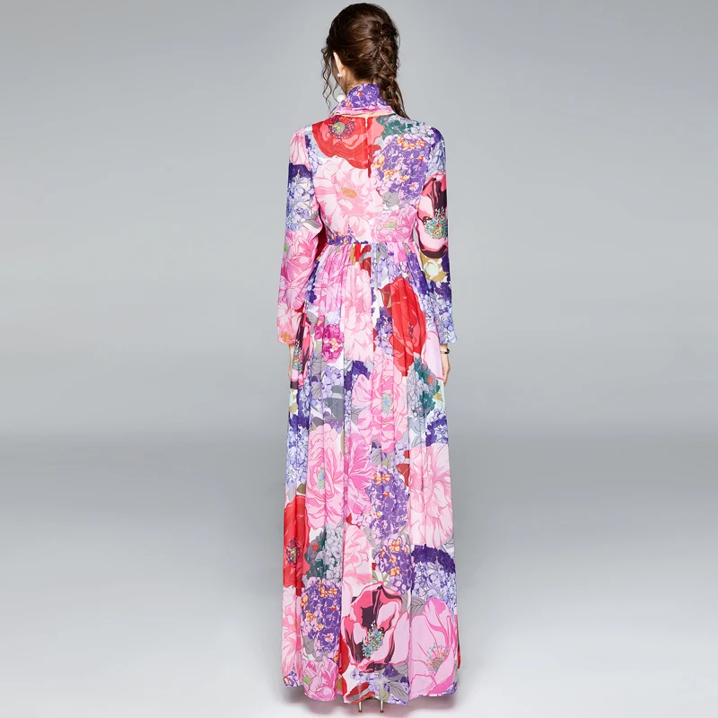 

Floor-length dress high quality Floral Dress Long sleeve Chiffon dress Print silk scarf and lining Dress woman