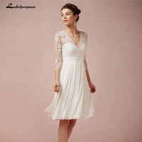short lace chiffon beach boho wedding dresses cheap sheer 34 long sleeve v neck pleated a line knee length bridal gowns