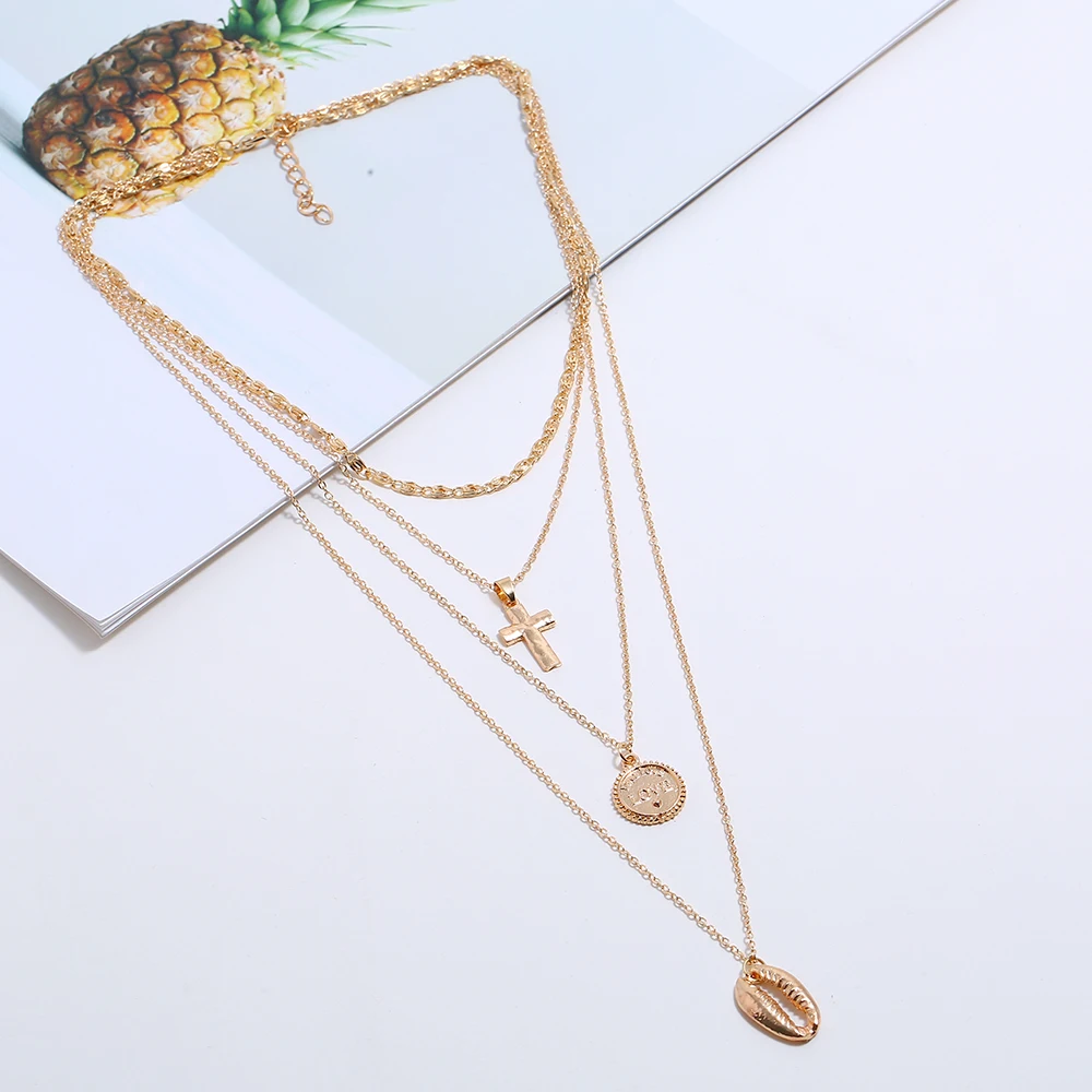 Retro Gold Cross Ocean Shell Letter Round Chain Pendant Multistorey Necklace For Women Charm Boho Party Jewelry | Украшения и