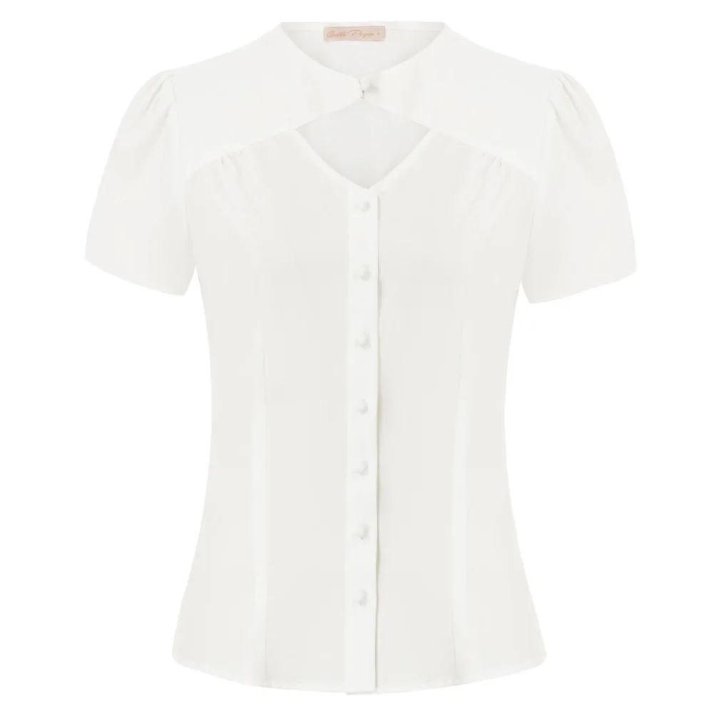 

Belle Poque Women Shirt Short Puff Sleeves Hollowed-out Front Curved Hem Tops Summer Clothing Fashion Solid New Lady Girl Female