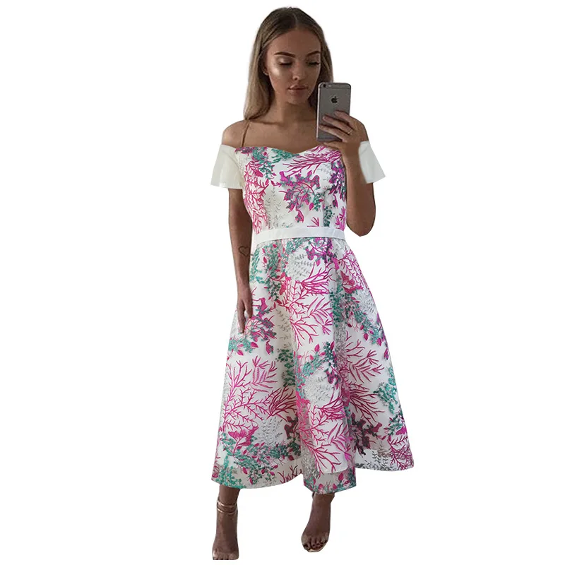 2019 летнее женское длинное платье с кружевным краем и цветочным рисунком вышивкой