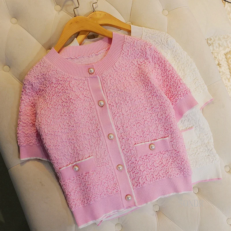 

Short Sleeve Cardigan Women Cute Pink Thin Sweater Shirt 2020 Summer Embossed O Neck Pearls Single Breasted Knitted Top