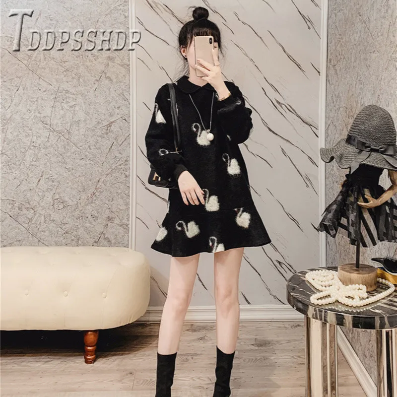 

2019 Swan Women Woolen Dress Autumn Winter Elegant Lapel Female Dresses