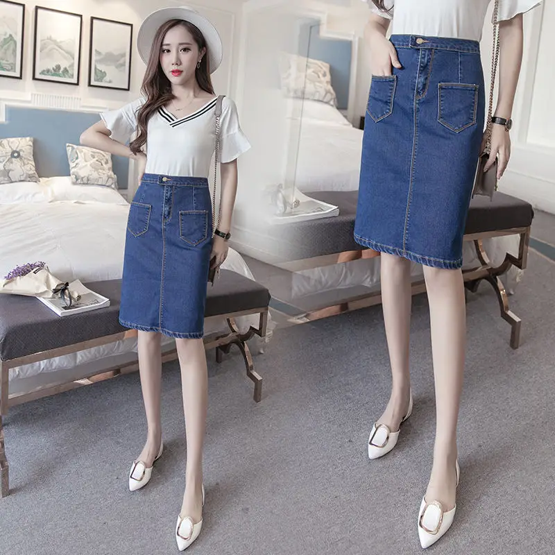 

summer women clothing denim fabric washed skirts slim skirts knee length high waist women skirts cowboy solid color plus size