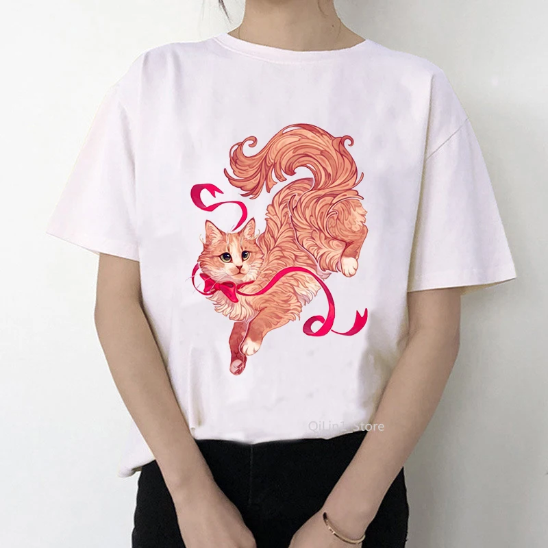 

Women 2021 New T Shirt Cute Cat Print Female Fashion Tops Tees O-Neck Casual Floral Animal Cartoons Graphic Lady Tshirt White