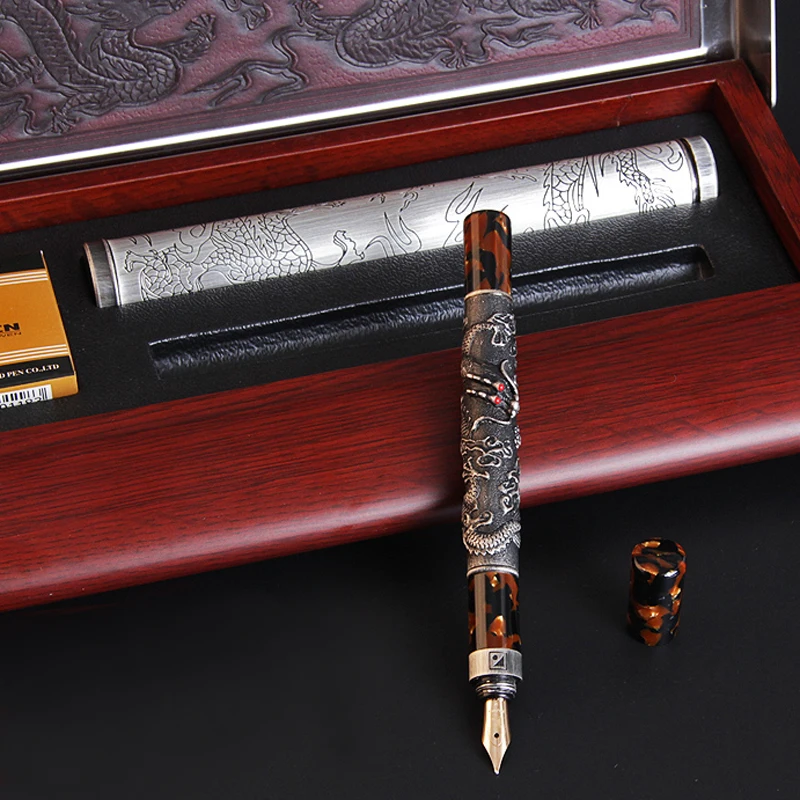 Fuliwen Ancient 14K Fountain Pen Celluloid Cap Oriental Dragon Medium Point 0.7mm & Wooden Gift Box Ideal For Collection