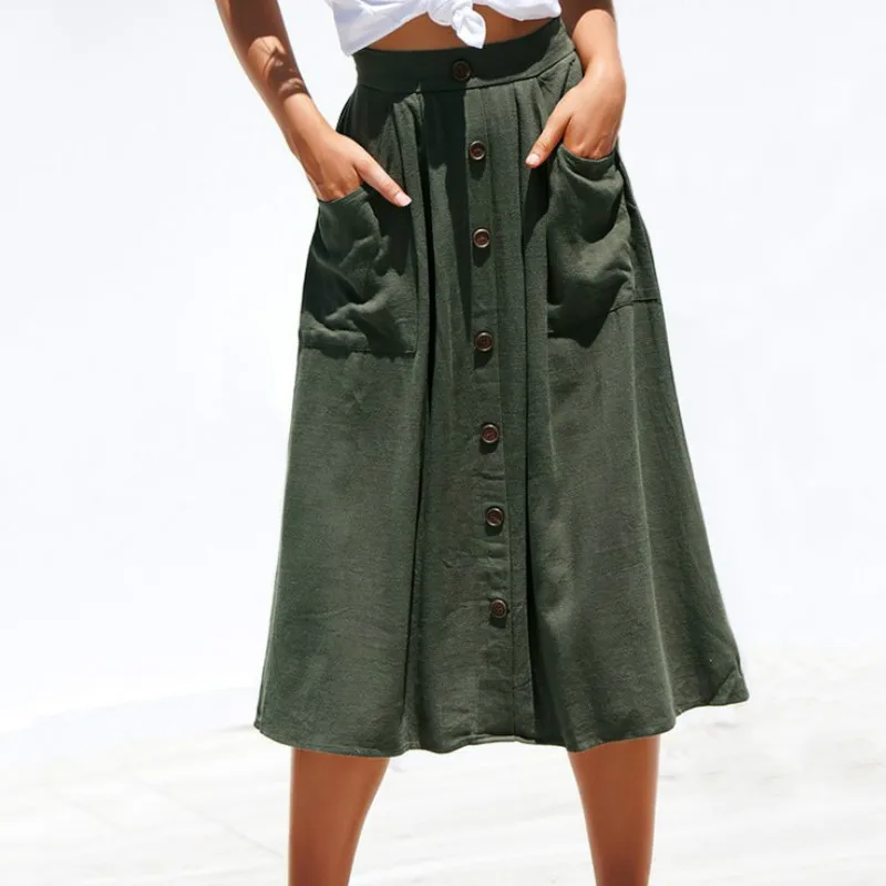 Повседневные трапецевидные платья юбки элегантные украшенные пуговицами в