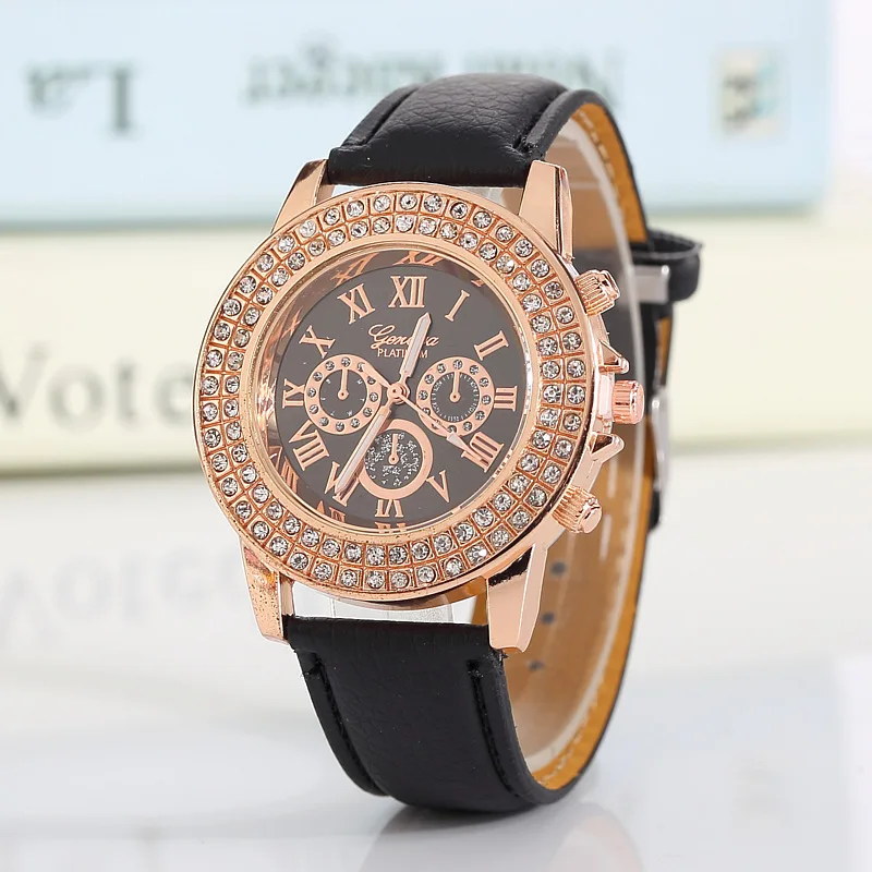 

2021 new Geneva diamond ladies belt watch three-eye double-layer literal double-sided diamond fashion ladies watch explosion