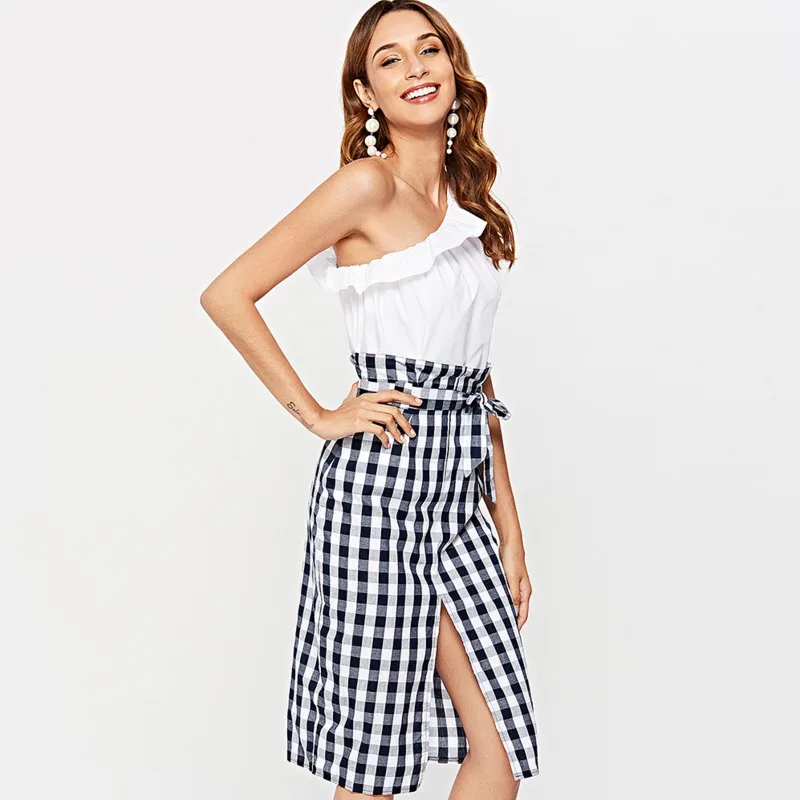 

Повседневная клетчатая юбка с бантом, женские сексуальные прямые элегантные юбки из хлопка, модные юбки со шнуровкой и высокой талией