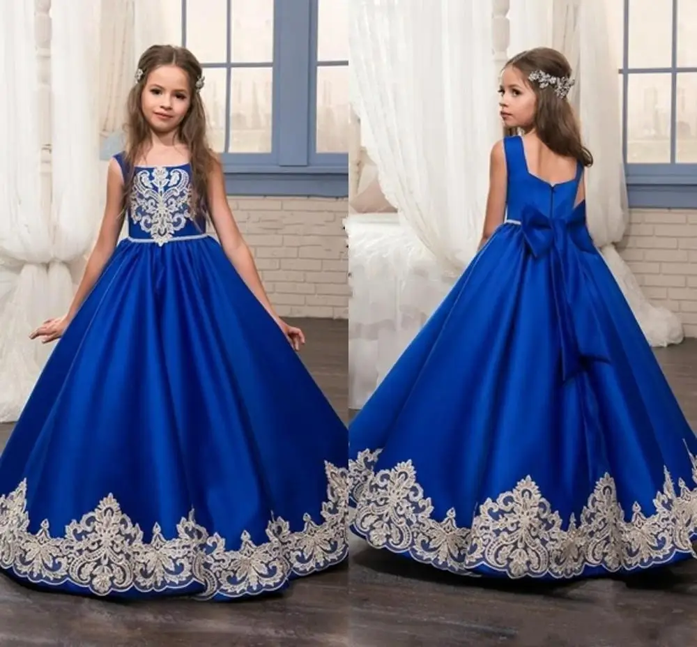 

2019 Princess Blue's Long Girl's First Eucharist Party wedding formal Dress for In Gold Skirt flower girl kids evening dresses