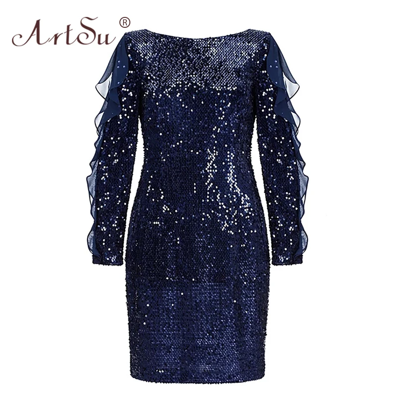 

ArtSu Vintage Women Blue Sequin Party Dress Patchwork Chiffon Hollow Out Ruffles Long Sleeve Sexy Pencil Dress Formal Vestidos