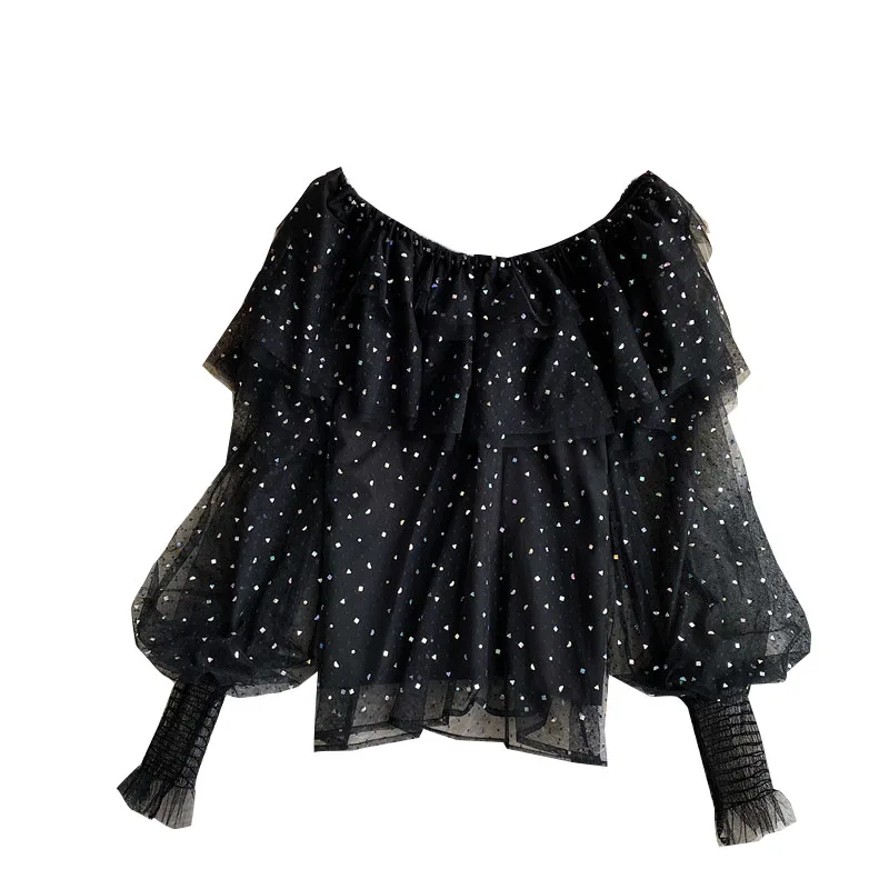 

Ruffled Slash Neck Chiffon Shirt Long-sleeved Women Spring Autumn Short Slash Neck Mesh Sweet Blouse Female Blusa UK096