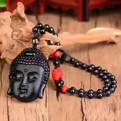 Натуральный черный обсидиан буддийский кулон бусины ожерелье модные