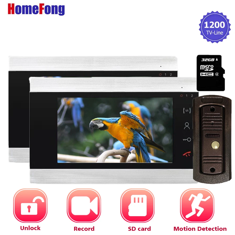 

Домашний видеодомофон Homefong, 2 монитора, 7-дюймовый видеодомофон, дверной звонок, комплект домофона с SD-картой 32 ГБ, разблокировка, запись, защ...