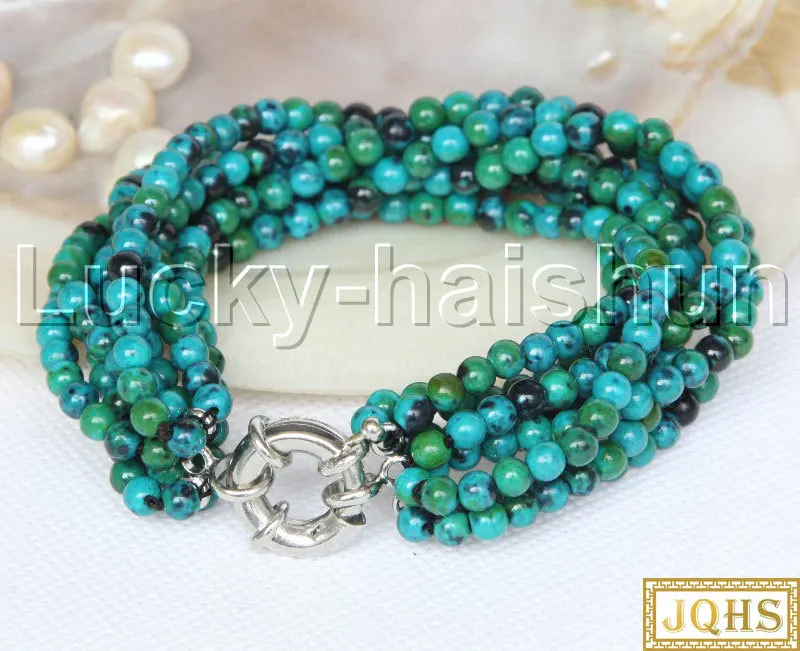 

JQHS Genuine 8" 8row 4mm round green chrysocolla Beaded Strand bracelet j11698
